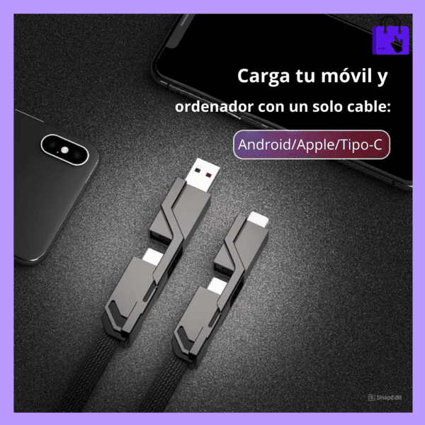 Imagen del cable multiconexiones junto a varios móviles y una tablet, mostrando cómo facilita la carga y la transferencia de datos entre dispositivos. Ideal para quienes buscan una solución práctica y eficiente para mantener todos sus gadgets conectados.