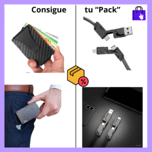 Pack de Clicksi Home que incluye un elegante tarjetero de fibra de carbono y un cable multiusos. Perfecto para quienes buscan estilo, organización y funcionalidad en su día a día, combinando protección para tus tarjetas y conectividad rápida.